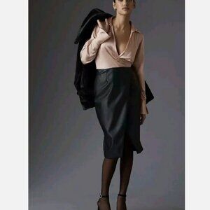 Anthropologie Long-Sleeve V-Neck Faux Leather Satin Midi Dress 8 Nwt Pink Black